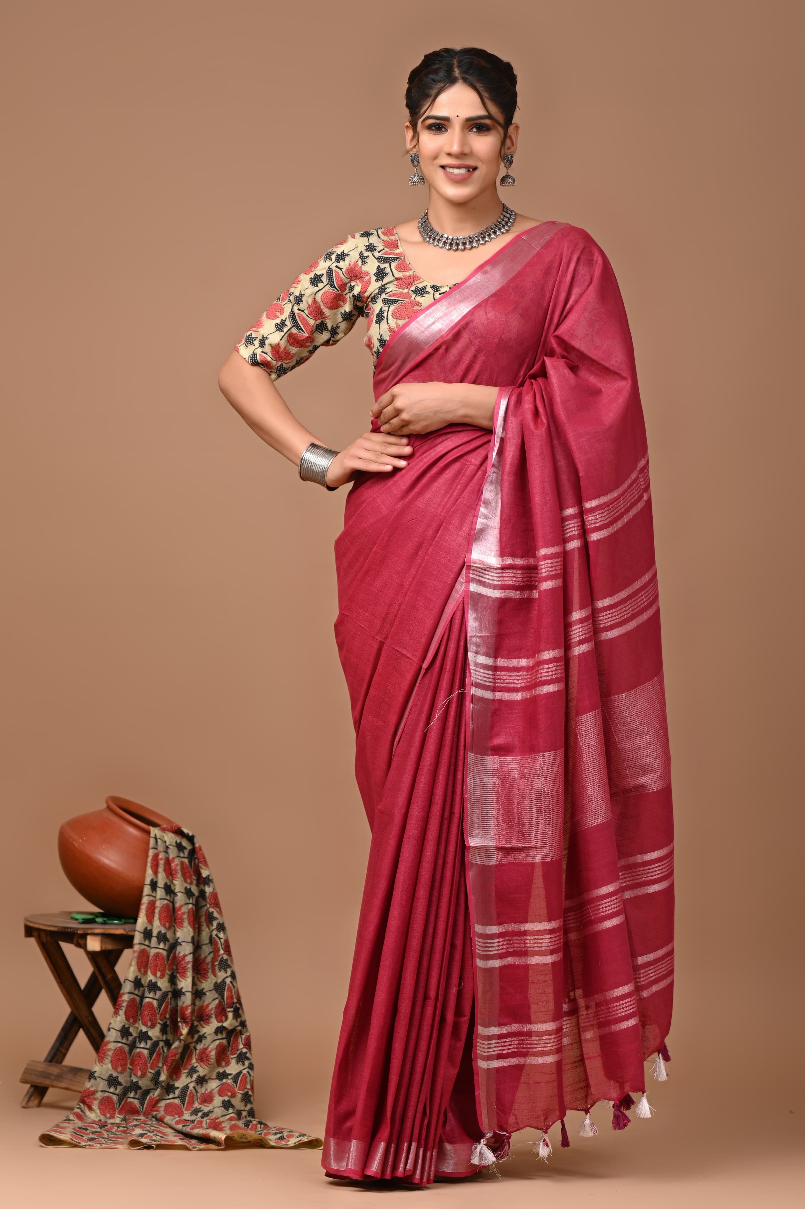 Plain Cotton Linen Saree with Blouse Piece